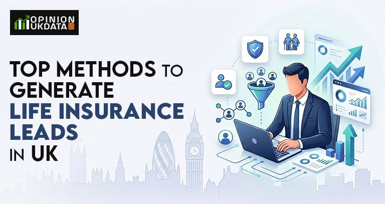 Top methods to generate life insurance leads in UK with digital marketing, lead funnel, and analytics illustration